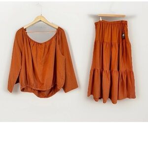 Ashley Stewart Womens 22/24 Gauze Tiered Maxi Skirt & Top Set Terracotta Resort
